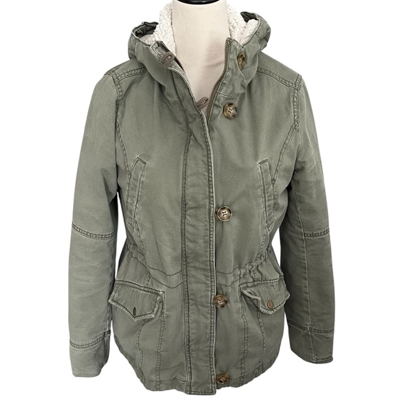 Sebby Juniors Medium Jacket Olive Green Full Zip Hood Faux Fur Pockets - Picture 1 of 16